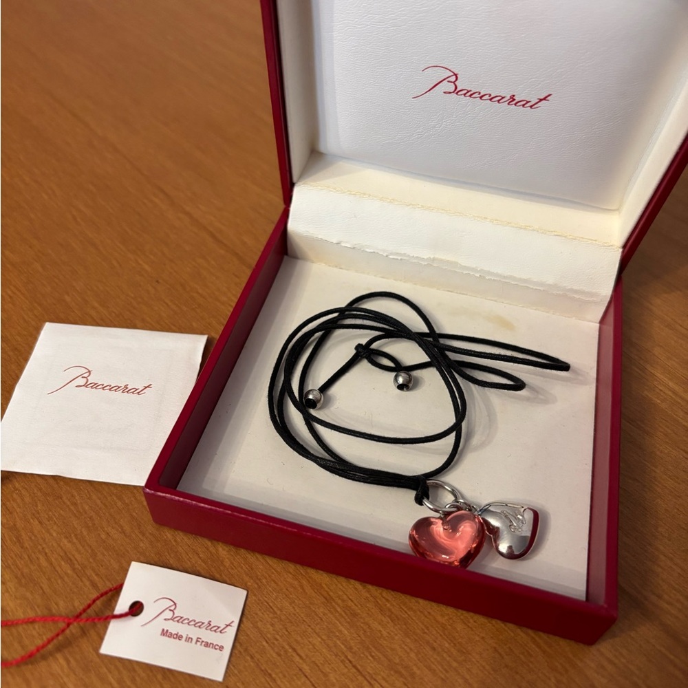 Baccarat Pink and Silver Heart Pendant Necklace on Black Cord